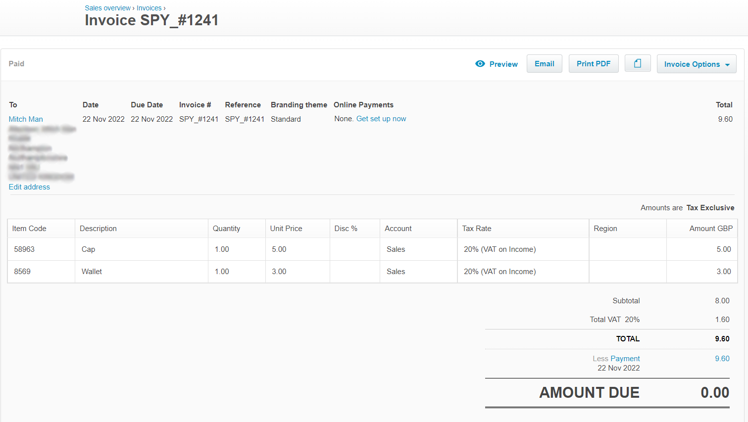 Example of individual order synced from Shopify to Xero by Parex bridge app.